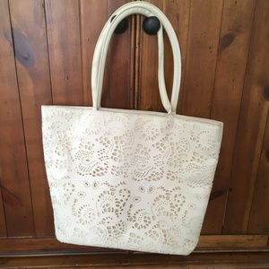 Nordstrom Tote Bag Cream Off-White Openwork Suede Fabric Feel Wedding Beige